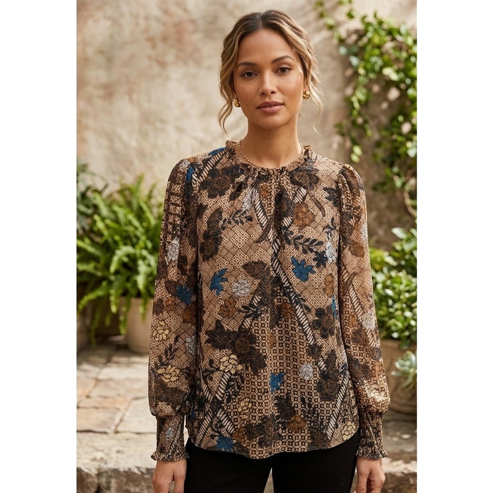Joie Floral Metallic Ruffle Neck Boho Chic Crinkle Top Size L Brown Prairie Boho